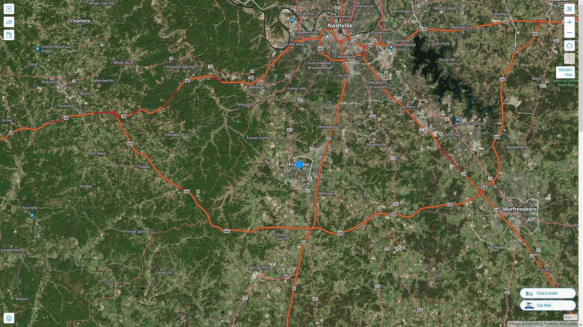 Franklin Tennessee Highway and Road Map with Satellite View